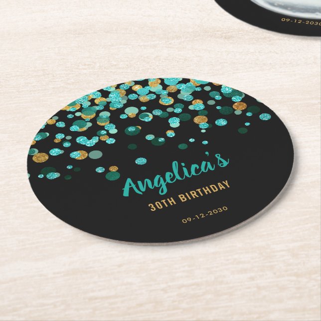 Elegant Teal Gold Black Glitter Confetti Birthday Round Paper Coaster (Angled)