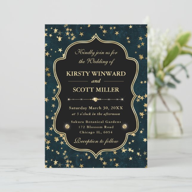 Elegant Teal & Gold Celestial Starry Wedding Invitation (Standing Front)