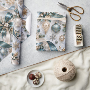 Elegant Teal Gold Christmas Ribbons Wrapping Paper