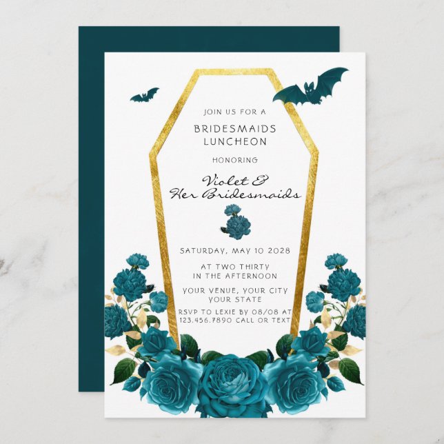 Elegant Teal Gold Coffin Floral Bridesmaids Lunch Invitation (Front/Back)