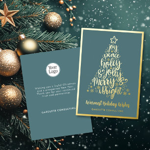 Elegant Teal Gold Corporate Christmas Logo Foil Holiday Card
