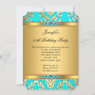 Elegant Teal Gold Damask Pearl Birthday Party Invitation