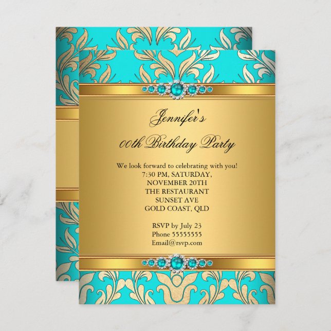 Elegant Teal Gold Damask Pearl Birthday Party Invitation (Front/Back)