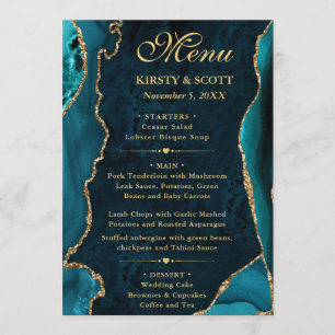 Elegant Teal & Gold Faux Glitter Agate Wedding Menu