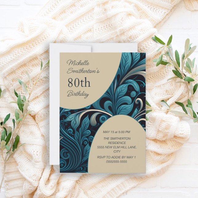 Elegant Teal Gold Floral 80th Birthday Invitation (Creator Uploaded)