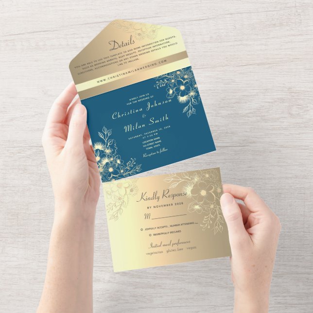 Elegant Teal Gold Floral Photo Wedding All In One Invitation (Tearaway)