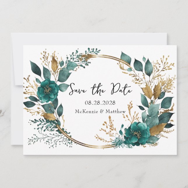 Elegant Teal Gold Floral Save the Date Cards (Front)