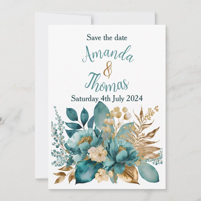 Elegant Teal & Gold Floral save the date Invitation (Front)