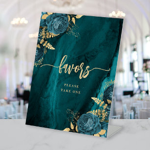Elegant Teal Gold Floral Wedding Favours Pedestal Sign