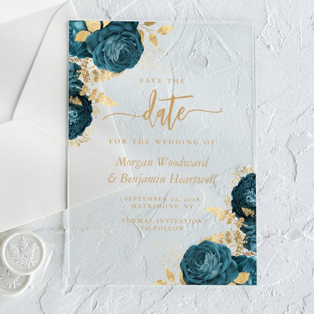 Elegant Teal Gold Floral Wedding Save the Date Acrylic Invitations (Creator Uploaded)