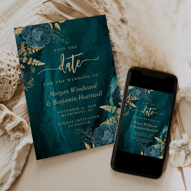 Elegant Teal Gold Floral Wedding Save the Date Invitation (Creator Uploaded)