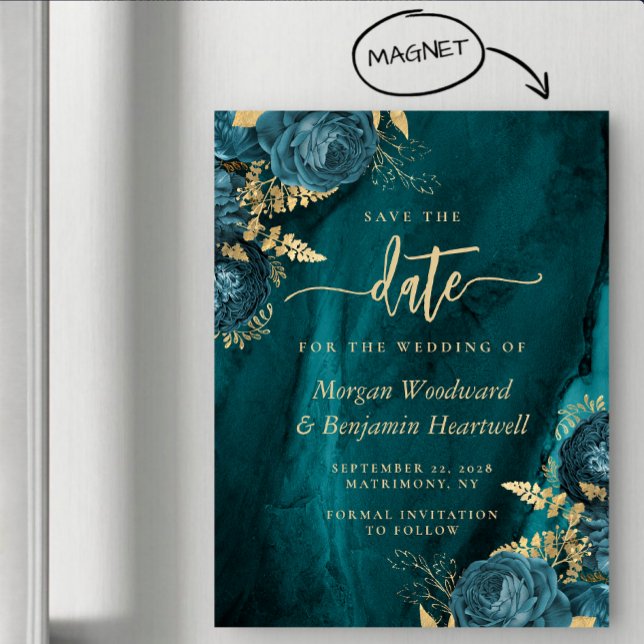 Elegant Teal Gold Floral Wedding Save the Date Magnetic Invitation (Creator Uploaded)