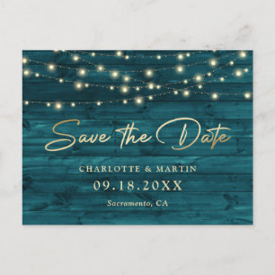 Elegant Teal Gold Foil Wood Save The Date Announcement Postcard