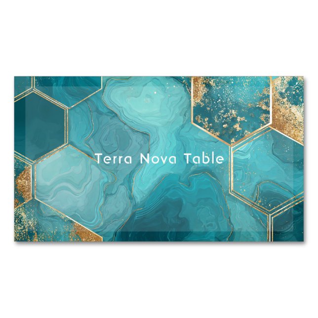 Elegant Teal Gold Hexagon Geometric Liquid Marble Magnetic Business Card (Front)