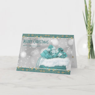 Elegant Teal Gold Holly Christmas Presents Holiday Card