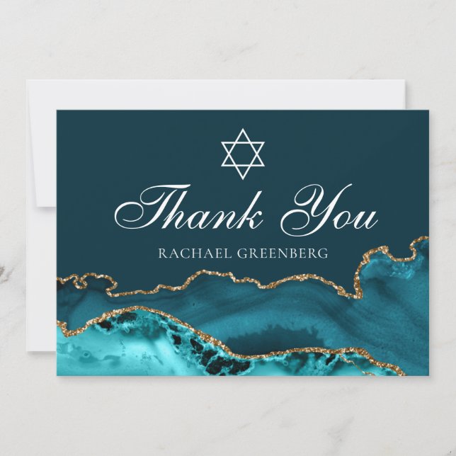 Elegant Teal Gold Jewish Star of David Flat Thank You Card (Front)