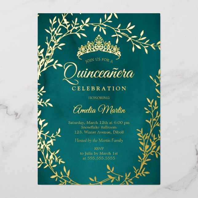 Elegant Teal Gold Leaf Wreath Quinceanera (Front)