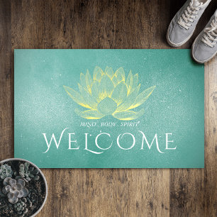Elegant Teal Gold Lotus Yoga instructor Welcome Doormat