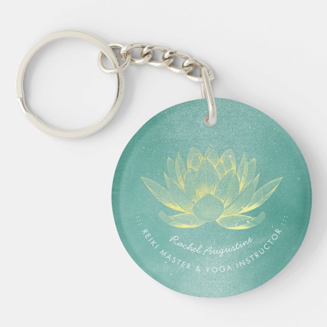 Elegant Teal Gold Lotus YOGA Meditation Instructor Key Ring (Front)