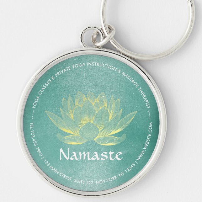 Elegant Teal Gold Lotus YOGA Meditation Instructor Key Ring (Front)