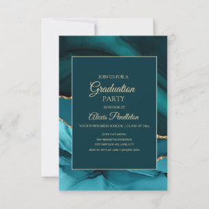 Elegant Teal Gold Marble Agate Graduation Invitation