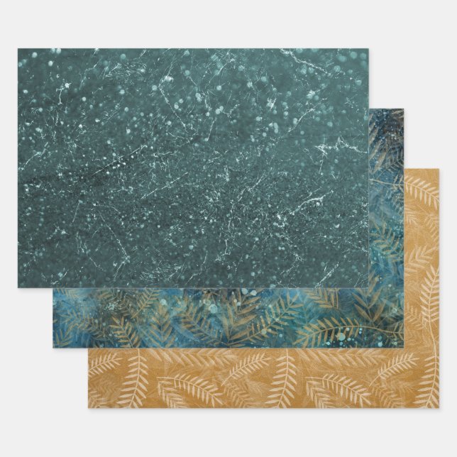 Elegant Teal Gold Marble Leaves  Wrapping Paper Sheet (Set)