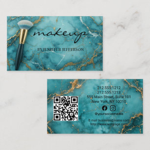 Elegant teal gold marble makeup artist QR code Business Card