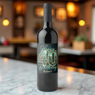 Elegant Teal & Gold Metallic Mosaic 40th Birthday Wine Label
