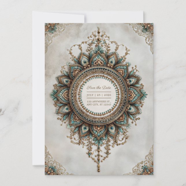Elegant Teal Gold Peacock Mandala Boho Wedding Invitation (Front)