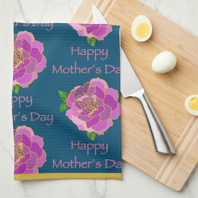 Elegant Teal Gold Pink Rose Happy Mother’s Day Tea Towel (Quarter Fold)