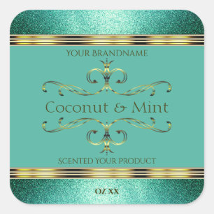 Elegant Teal Gold Product Labels Glitter Borders