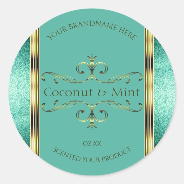 Elegant Teal Gold Product Labels Glitter Borders (Front)