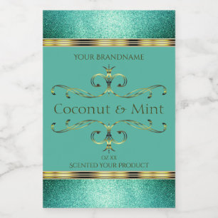 Elegant Teal Gold Product Labels Glitter Borders