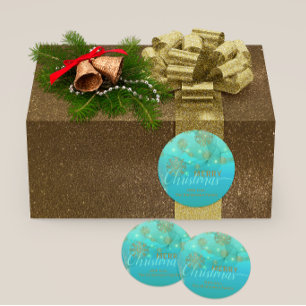 Elegant Teal Gold Snowflakes Christmas Classic Round Sticker