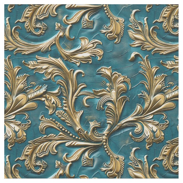 Elegant teal gold tooled leather  fabric (Close Up)