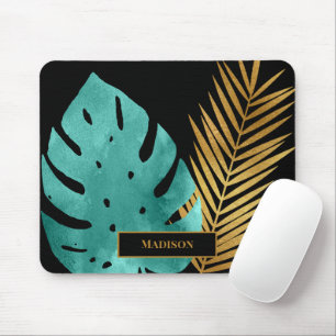 Elegant Teal Gold Tropical Leaves Black Monogram Mouse Pad