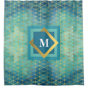 Elegant Teal Gold Turquoise Geometric Any Monogram Shower Curtain