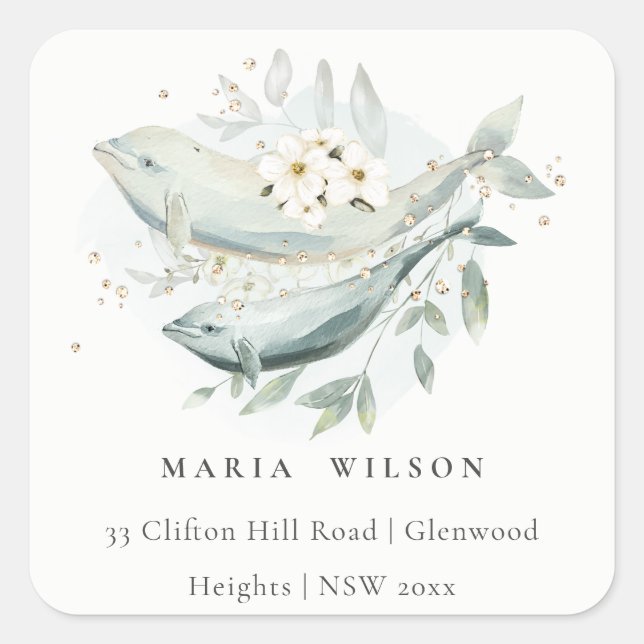 Elegant Teal Gold Underwater Floral Fish Address Square Sticker (Front)