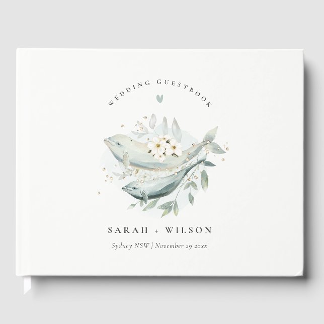 Elegant Teal Gold Underwater Floral Fish Wedding Guest Book (Front)