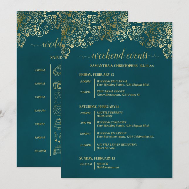 Elegant Teal & Gold Wedding Events & Timeline Program (Front/Back)