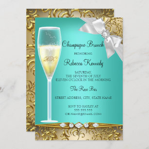 Elegant Teal Gold White Champagne Brunch Invite
