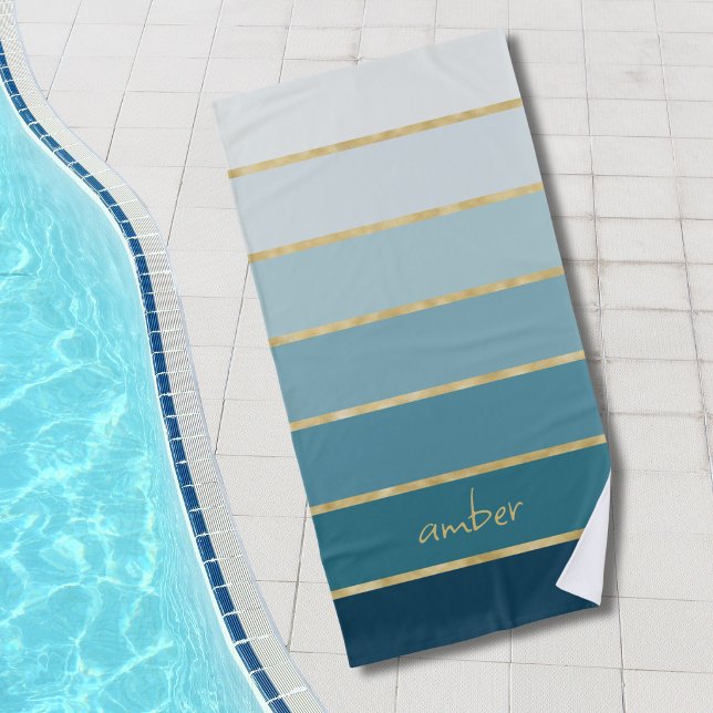 Elegant Teal Gradient Gold Stripes Beach Towel (Creator Uploaded)