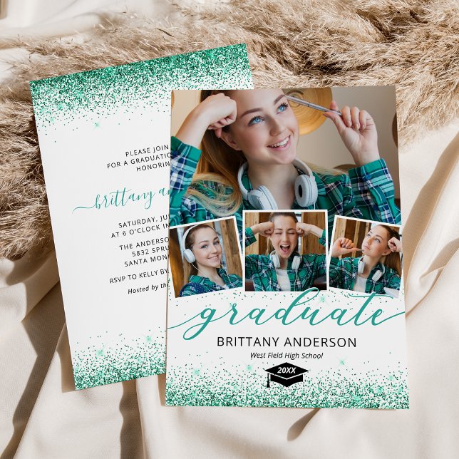 Elegant Teal Graduation 4 Photo Invitation (Creator Uploaded)