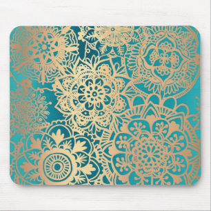 Elegant Teal Green and Gold Floral Mandala Pattern Mouse Pad
