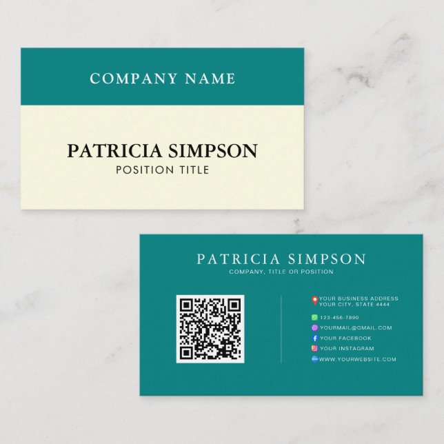 Elegant Teal Green & Beige Cream QR Code Template Business Card (Front/Back)