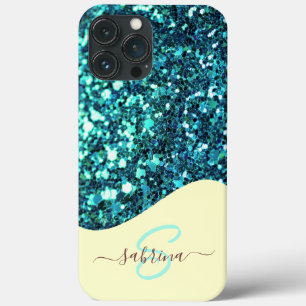 Elegant Teal Green Drip Glitter Monogrammed Name iPhone 13 Pro Max Case