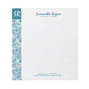 Elegant Teal Green Floral Lace And White Damasks Notepad