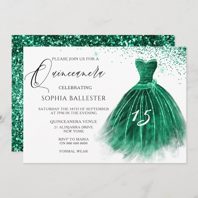 Elegant Teal Green Glitter Gown Quinceanera Party Invitation (Front/Back)