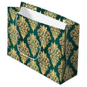 Elegant Teal Green Gold Classic Damask Pattern Large Gift Bag