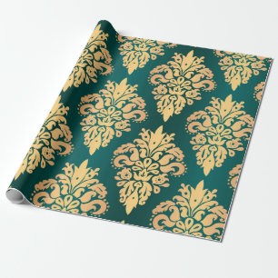 Elegant Teal Green Gold Classic Damask Pattern Wrapping Paper